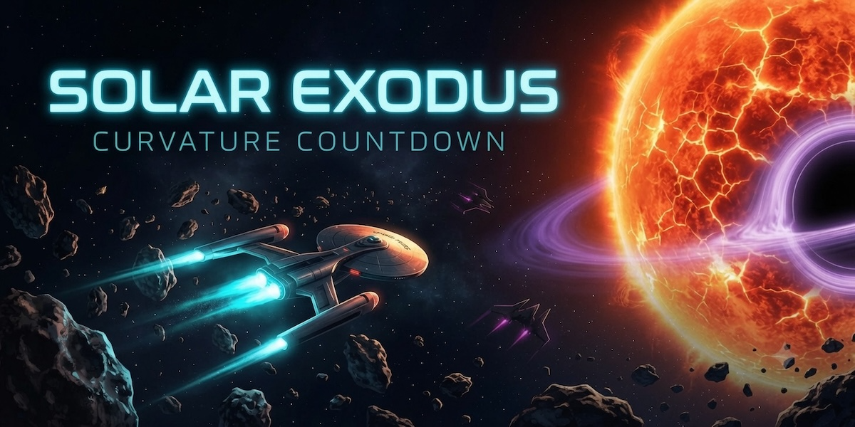 Solar Exodus — Curvature Countdown: a starship fleeing an asteroid field as a sun collapses into a black hole